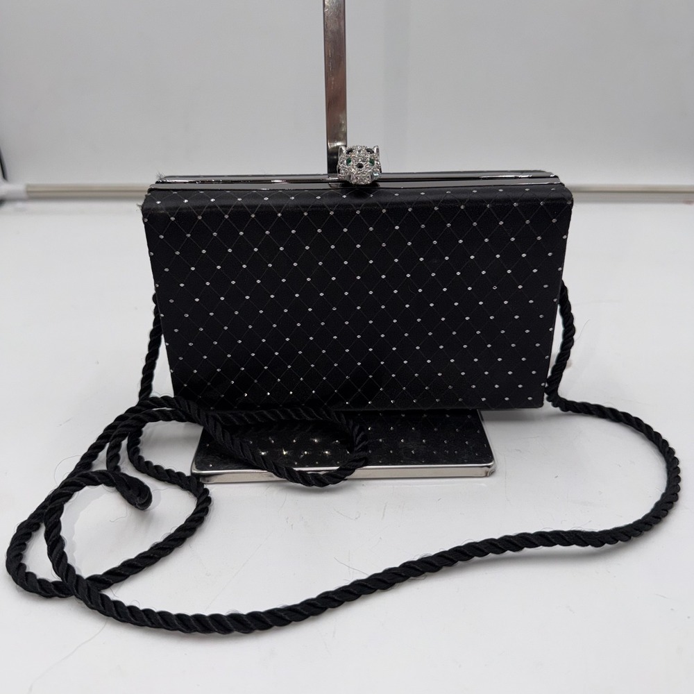 Kenneth J Lane Sparkling Black Clutch Evening Bag Rhinestone Panther Clasp - Picture 2 of 9